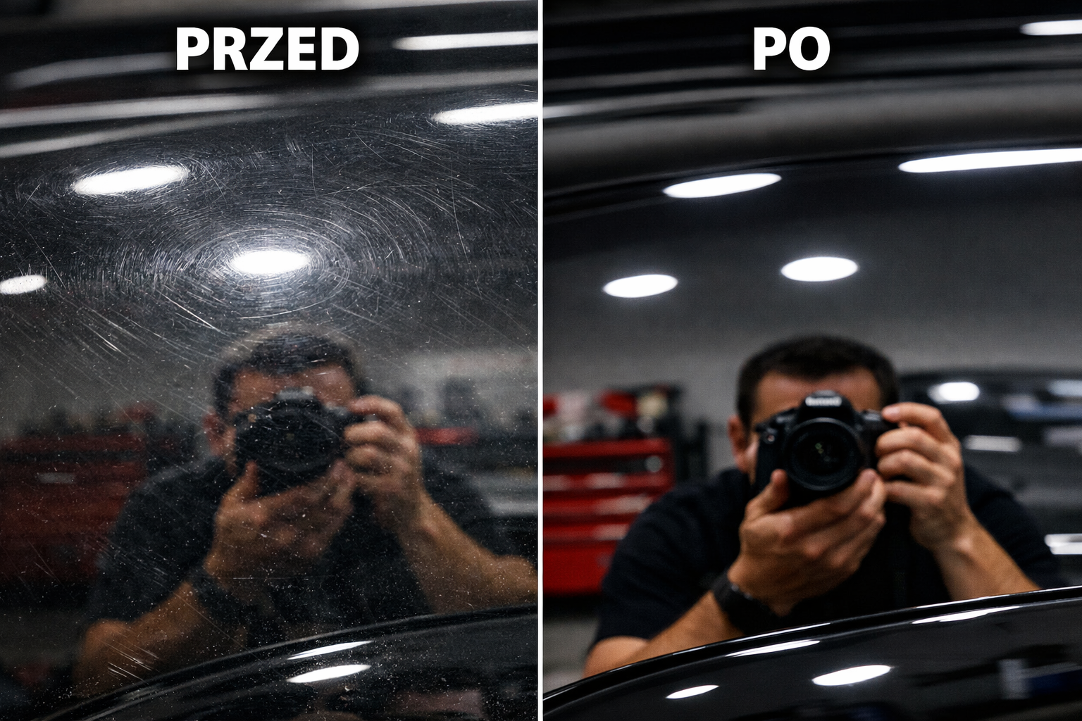 Efekt przed i po polerowaniu lakieru samochodowego